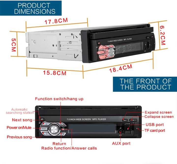 CAMECHO Autoradio Bluetooth 1 Din 7 Zoll Motorisierte Ausfahrbarem Display, Autoradio mit Bildschirm