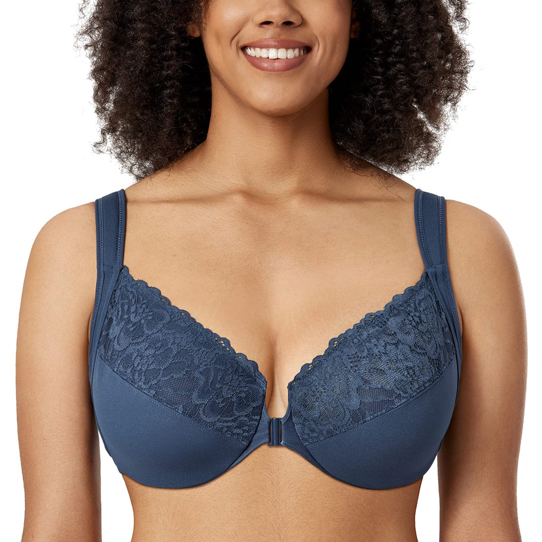 DELIMIRA Damen BH mit Vorderverschluss U-Rücken Bügel Spitzen BHS Grosse Brüste Soft Vollschalen Ung