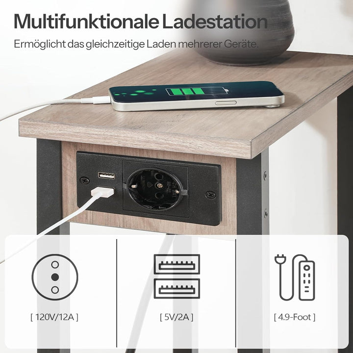HOOBRO Schmaler Beistelltisch mit 2 Ebenen, Sofatisch mit Ladestation, Nachttisch mit Ablage, Coucht