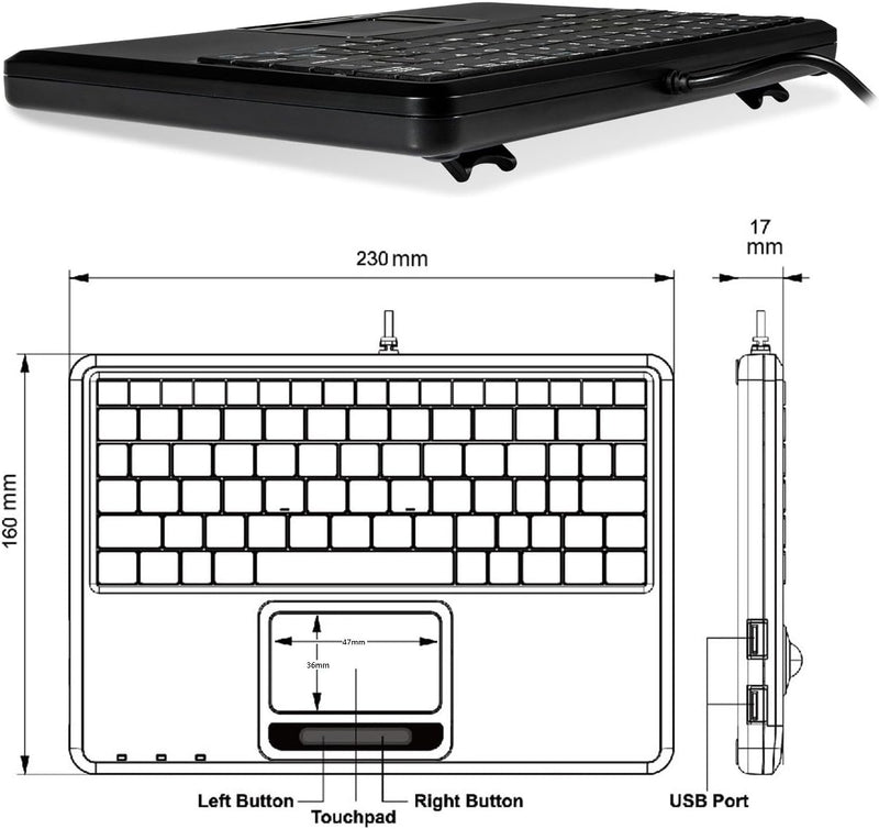 Perixx PERIBOARD-510HPLUS, Super Mini Tastatur schnurgebunden mit Touchpad und USB Hub - US English