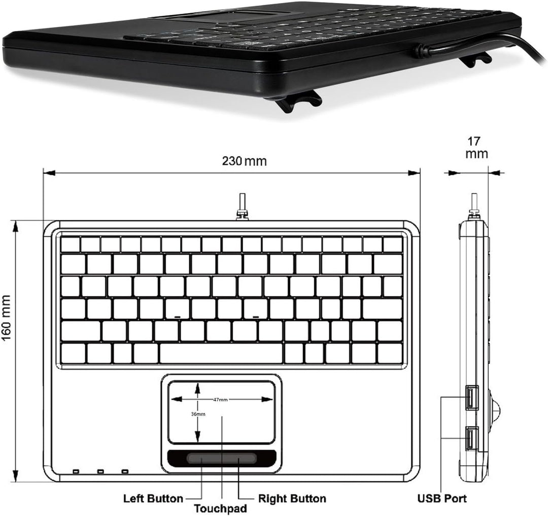 Perixx PERIBOARD-510H Plus Mini-USB-Tastatur mit Touchpad und 2 USB-Anschlüssen, leise Tasten, itali