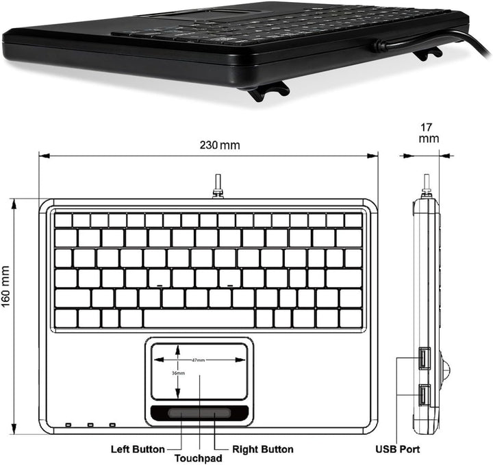 Perixx PERIBOARD-510H Plus Mini-USB-Tastatur mit Touchpad und 2 USB-Anschlüssen, leise Tasten, itali