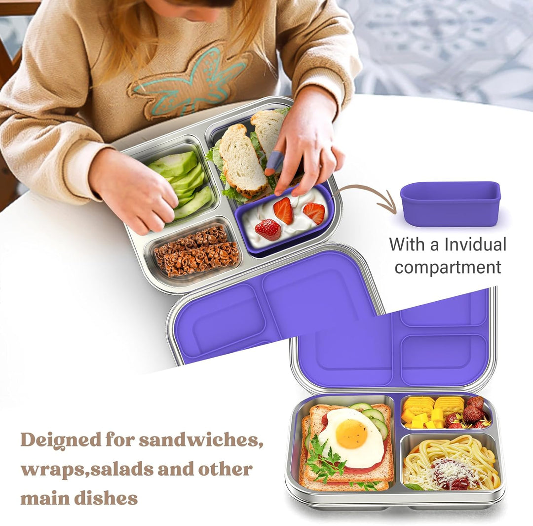 Edelstahl Brotdose Lunchbox Kinder, Metal Bento Lunch Box Auslaufsicher,3 Fächern mit Silikonbehälte