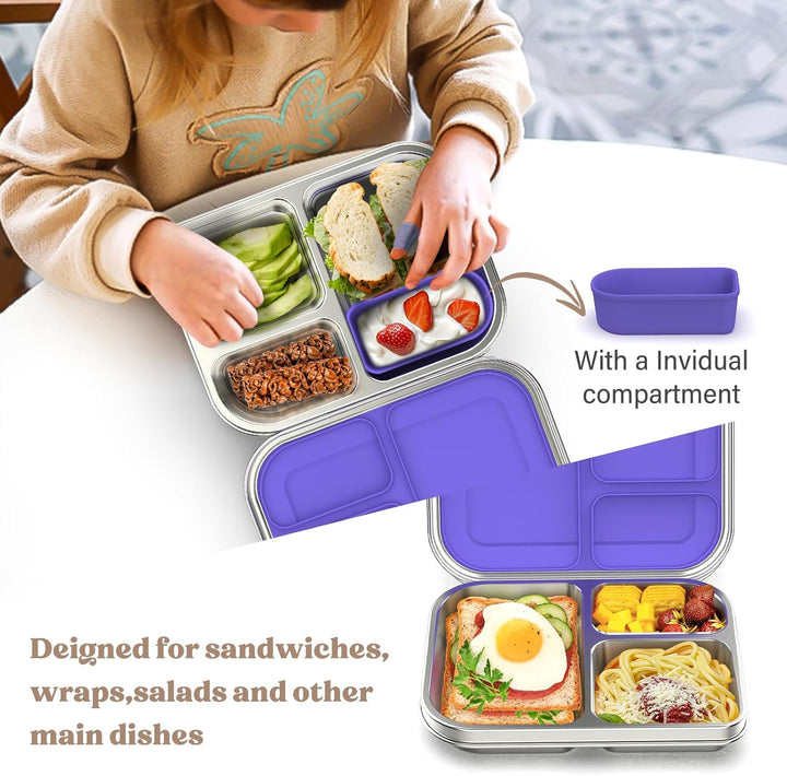 Edelstahl Brotdose Lunchbox Kinder, Metal Bento Lunch Box Auslaufsicher,3 Fächern mit Silikonbehälte