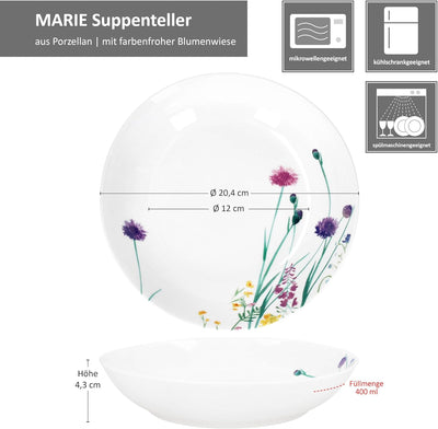 MamboCat 6er Set Marie Suppenteller I 400ml I Porzellan-Geschirr mit Blumenwiese-Dekor für 6 Persone