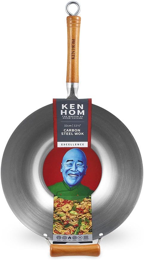 Ken Hom Carbonstahl Wokpfanne, 32cm, Excellence, Wok Induktion, Natürliche Patina Antihaftbeschichtu