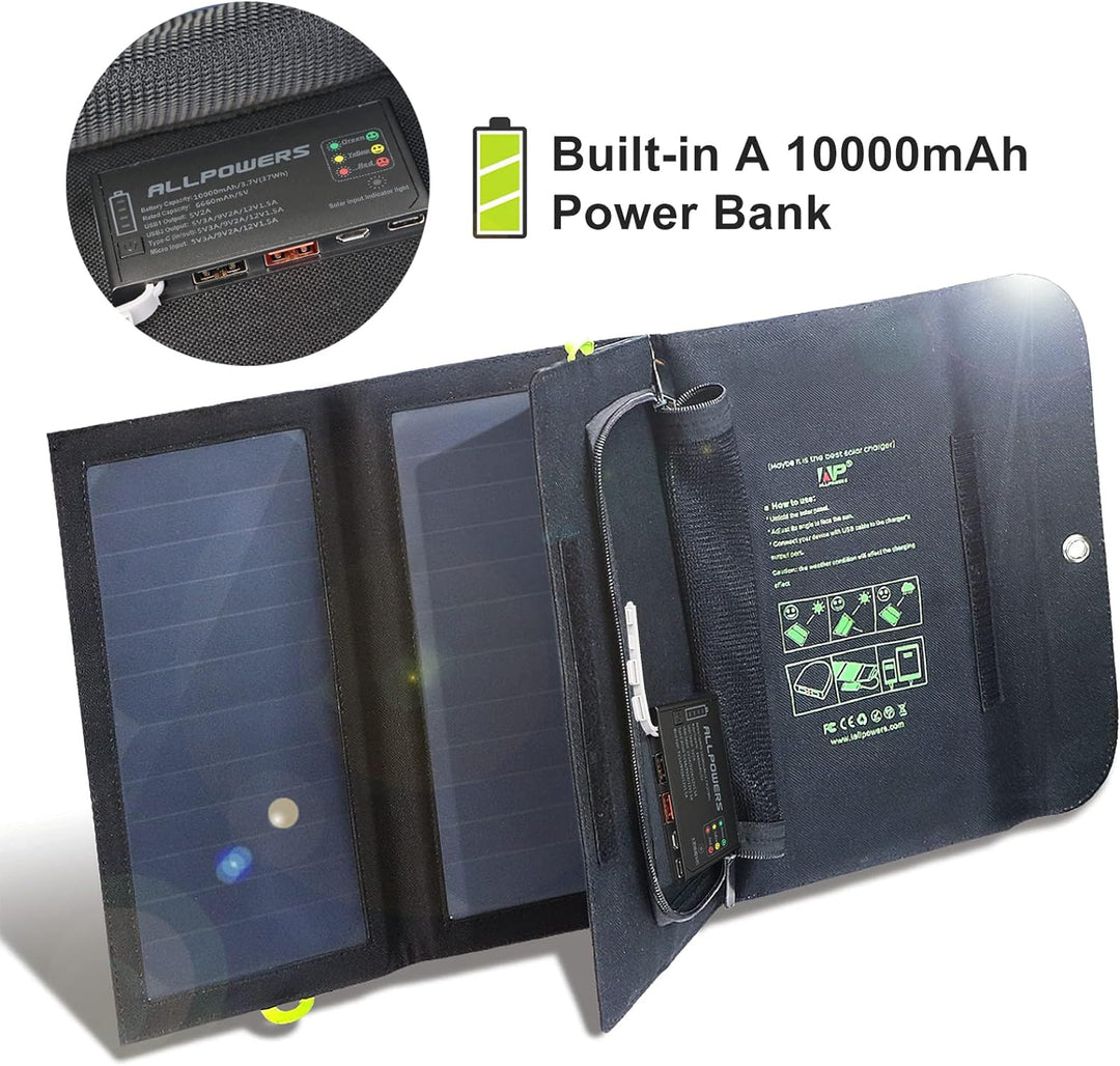 ALLPOWERS 5V 21W Solar Panel, Tragbares Solarladegerät, 3 USB-Ausgangs & 2 USB-Eingangs Wasserdichte