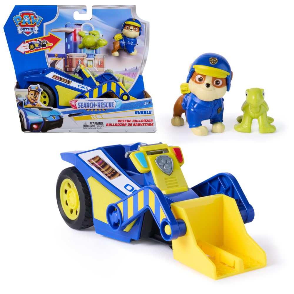 PAW PATROL - Search & Rescue: Rubbles Rettungs-Bulldozer, Fahrzeug mit Rückziehmotor, ca. 15 cm, ink