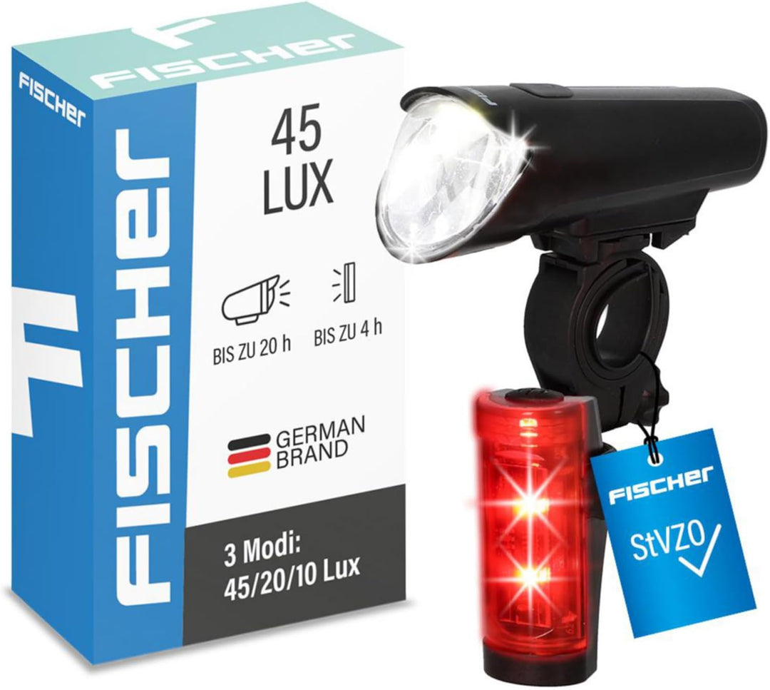 Fischer Fahrrad LED-Akku Beleuchtungs-Set small-Box, spritzwassergeschützt, wiederaufladbar 45 Lux,
