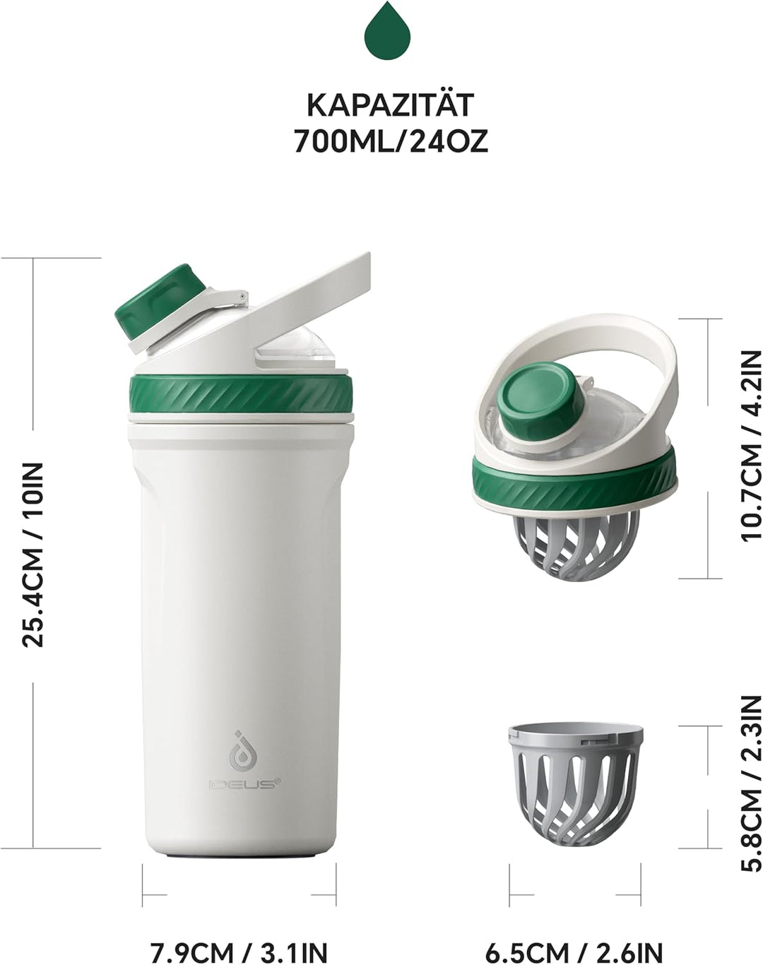 Ideus Shaker Protein Trinkflasche 700ml (24oz)，Doppelwandig Edelstahl Sportflasche mit Skalierlinien
