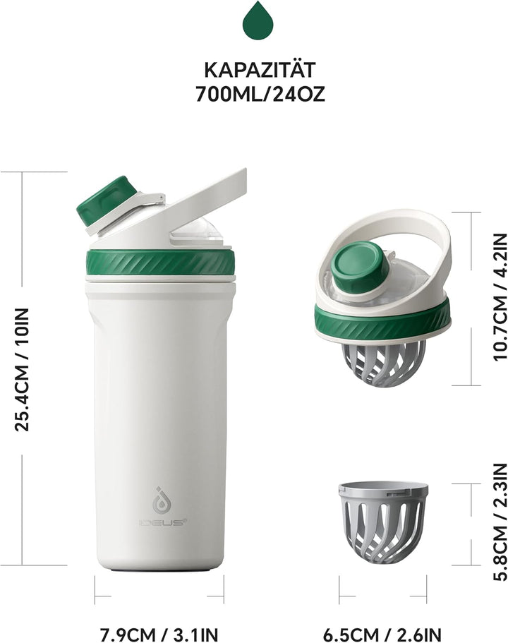 Ideus Shaker Protein Trinkflasche 700ml (24oz)，Doppelwandig Edelstahl Sportflasche mit Skalierlinien