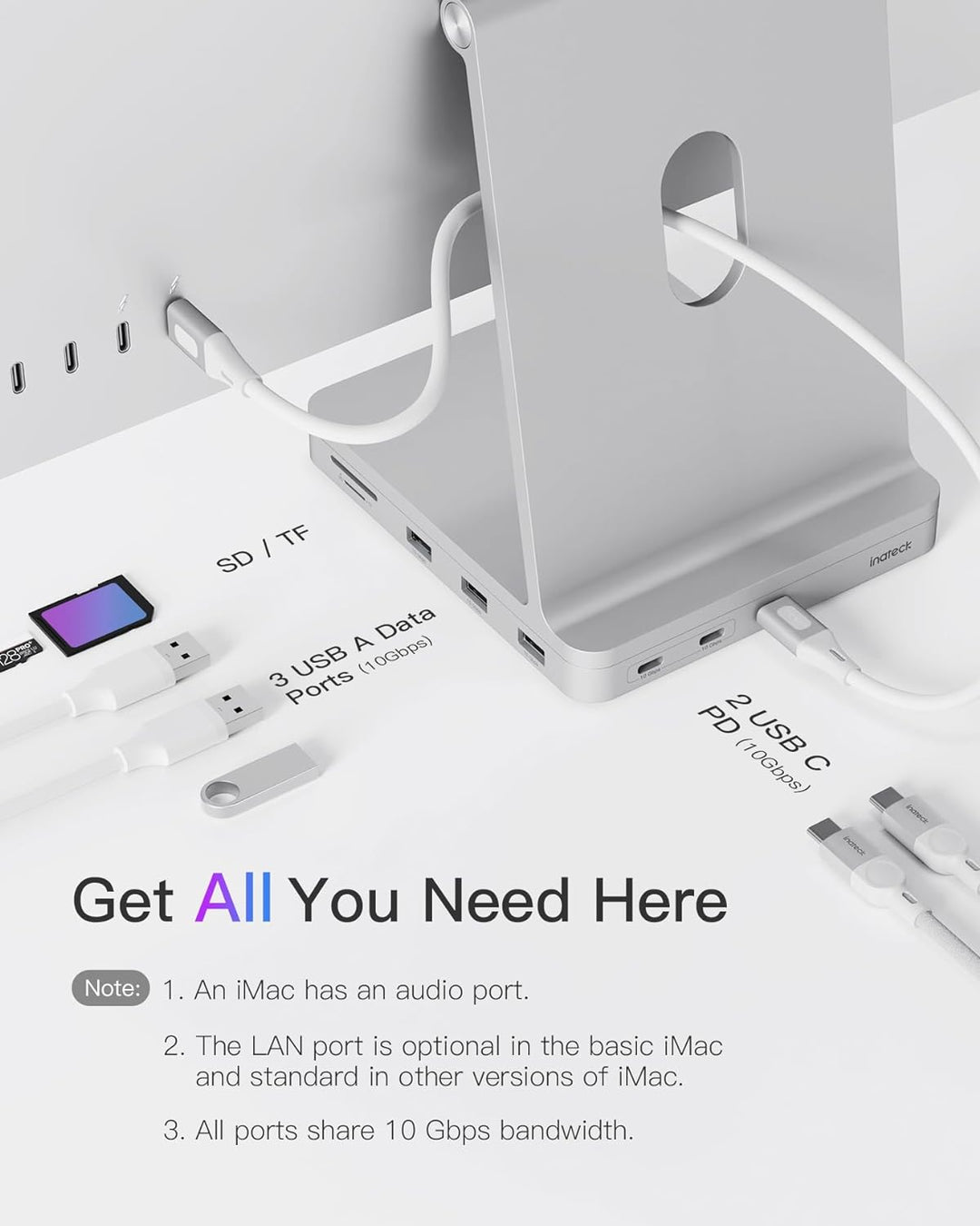 Inateck USB C Hub für iMac, Dockingstation Kompatibel mit iMac 24 Zoll 2021/2023, USB 3.2 Gen 2, 8-i