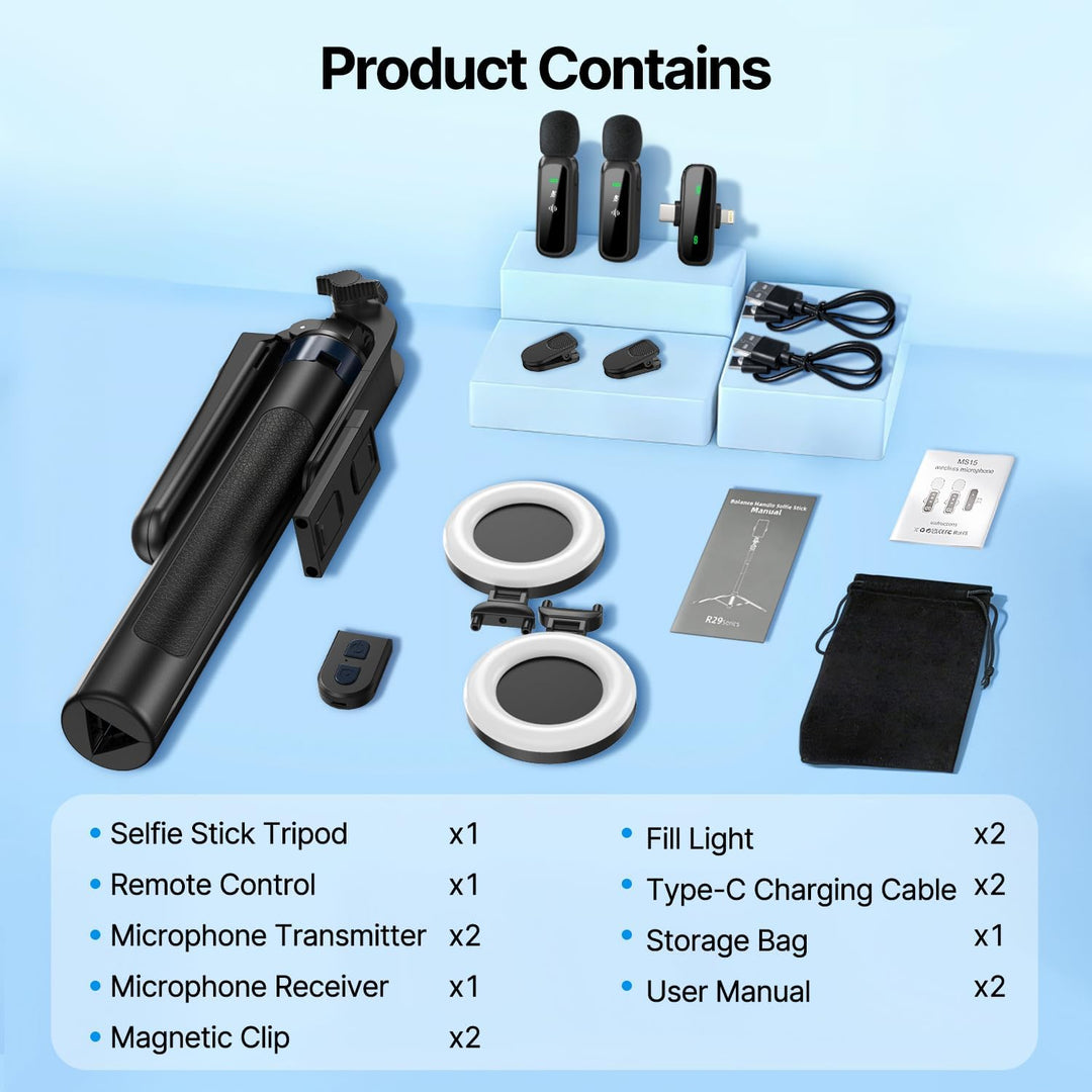 yAyusi Vlogging-Kit für iPhone/Android, 180 cm Ausziehbares Selfie-Stick-Stativ mit Licht, Fernbedie