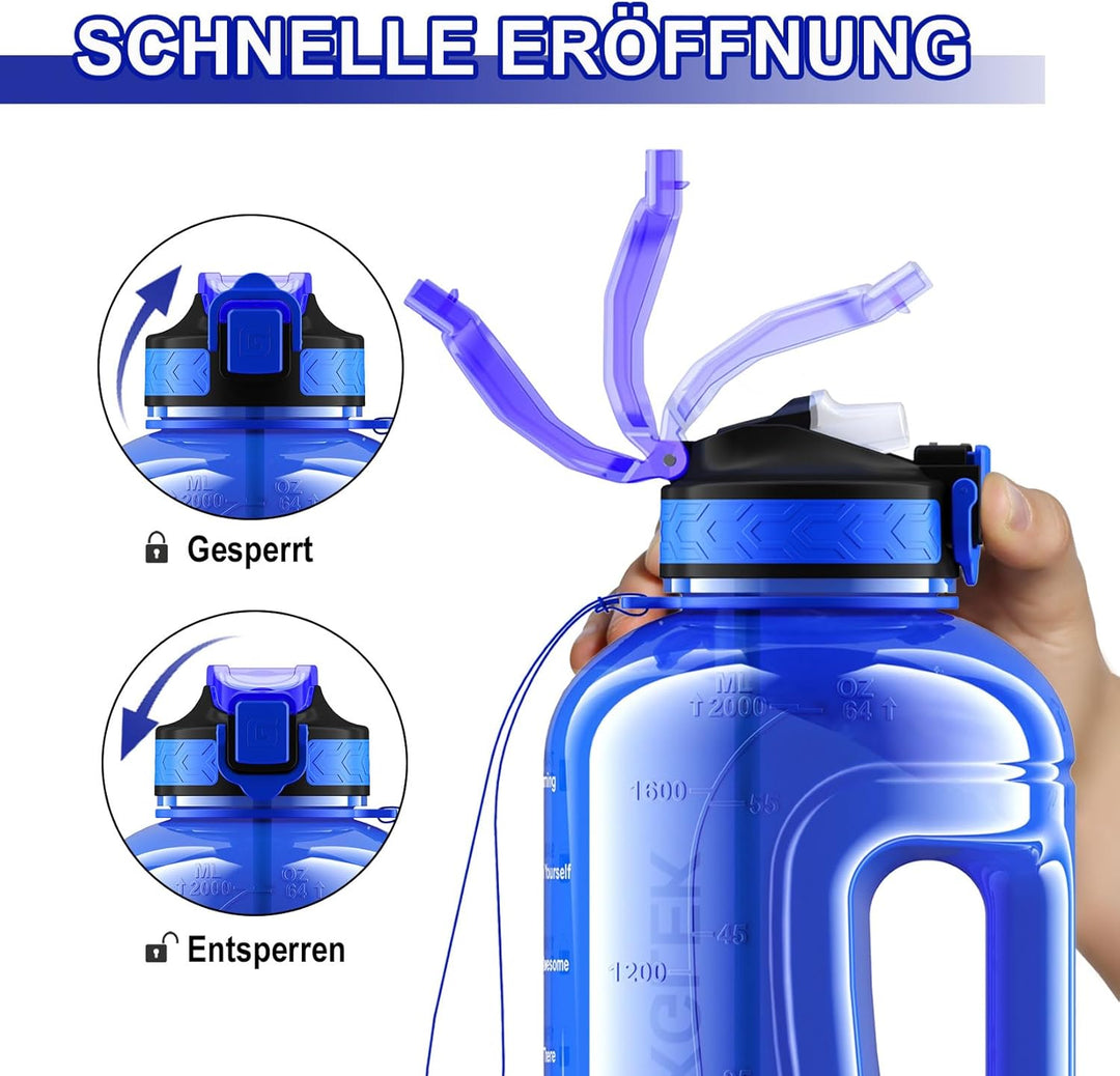 Wasserflasche 2 Liter mit Strohhalm, Motivierende Trinkflasche Sport für Fitnessstudio, Büro, Bau, W