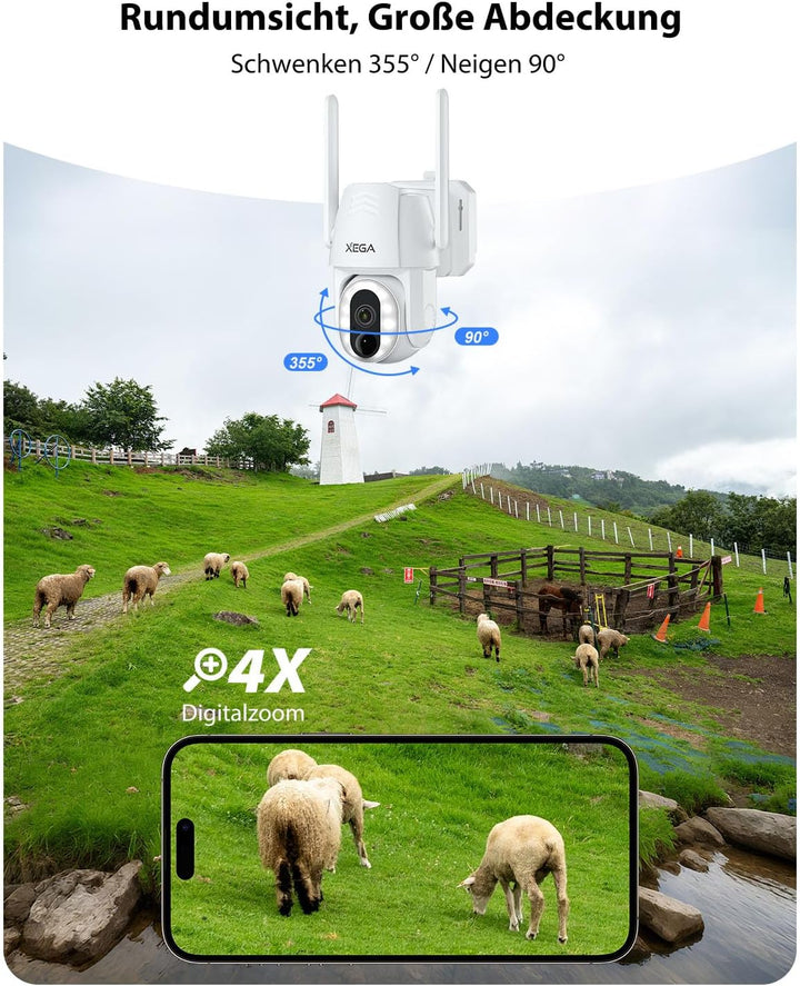 Xega 4G LTE Überwachungskamera mit SIM Karte, Kabellos Solar PTZ IP Kamera Outdoor, Kein WLAN Erford