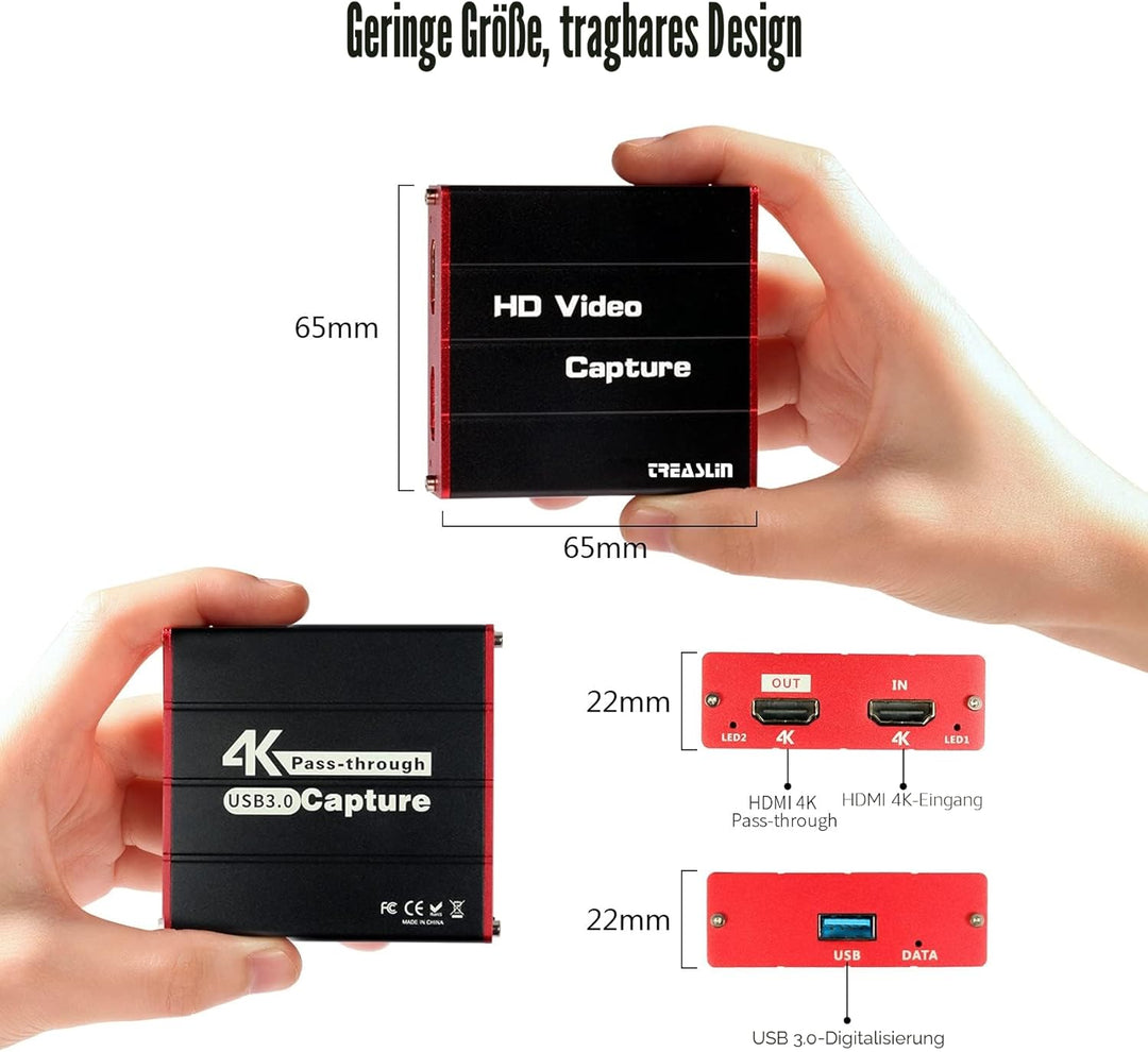 TreasLin HDMI Capture Card USB,4K-Eingang und Passthrough Recording,1080P60FPS Aufnahme und Streamin
