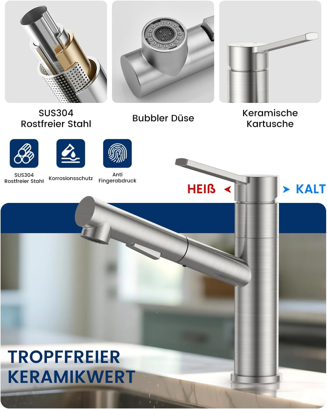 DAYONE Wasserhahn Küche, SUS304 Edelstahl Küchenarmatur Ausziehbar, Hochdruck Armatur Küche 120° Dre