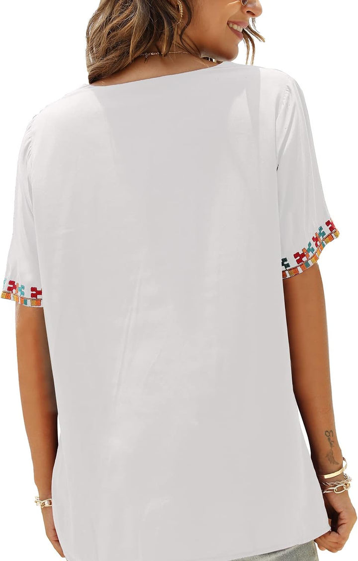 Seasonal Tunika Damen Sommer Boho Bluse Folklore Stickerei Oberteil Trachten Hippie Kleidung Kurzarm