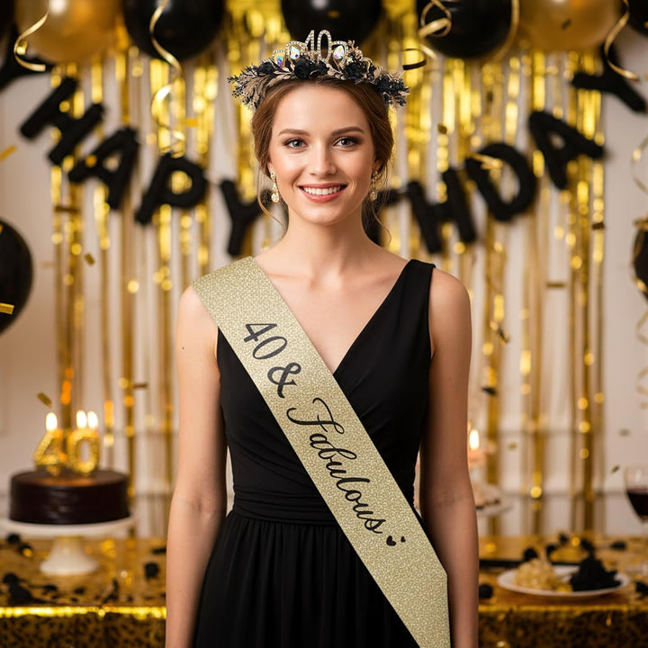 Geburtstagskrone Schärpe Set, Schwarz-Goldene Blumen Tiara Krone und Schärpe, Geburtstagsgeschenk fü