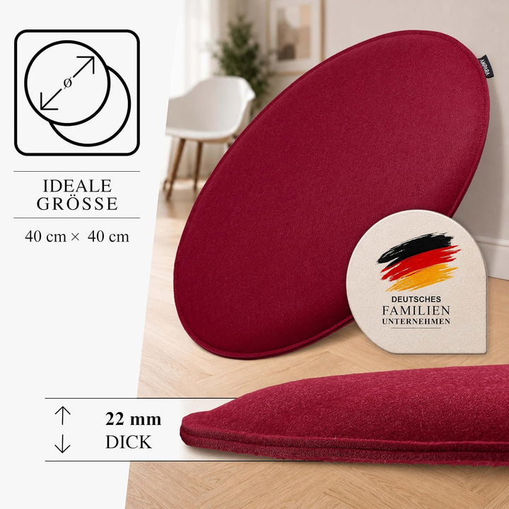 4er Set - Edle Stuhlkissen rund 40cm - rutschfest & gemütlich, Stuhlauflage rund aus Filz, rot, Rot