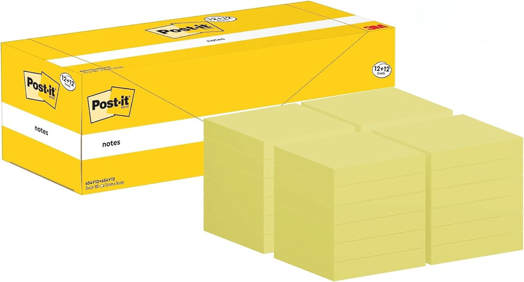 Post-it Notizen Kanariengelb, Vorteilspackung mit 24 Blöcken, 100 Blatt pro Block, 76 mm x 76 mm, Fa