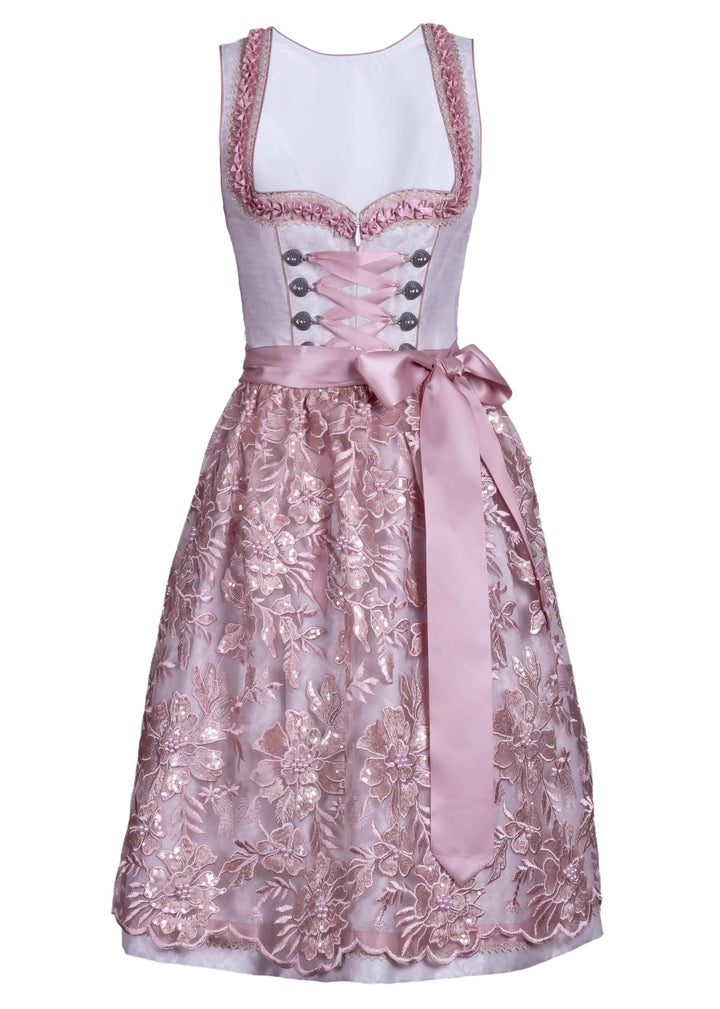 Dirndlwelle Damen Romantisch Grau Rosa Midi Dirndl inkl.Schürze Oktoberfest 60CM Trachtenkleid Gr.34