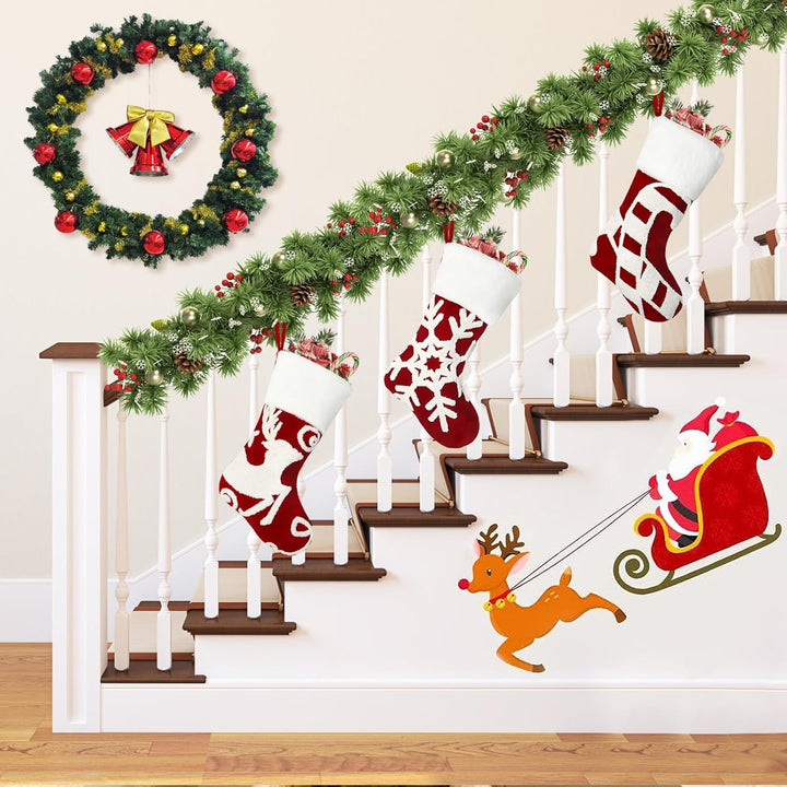 Weldomcor Weihnachtsstrumpf 3er Set, 50cm Weihnachtsstrümpfe Kamin Bestickte Elch Schneeflocke hänge