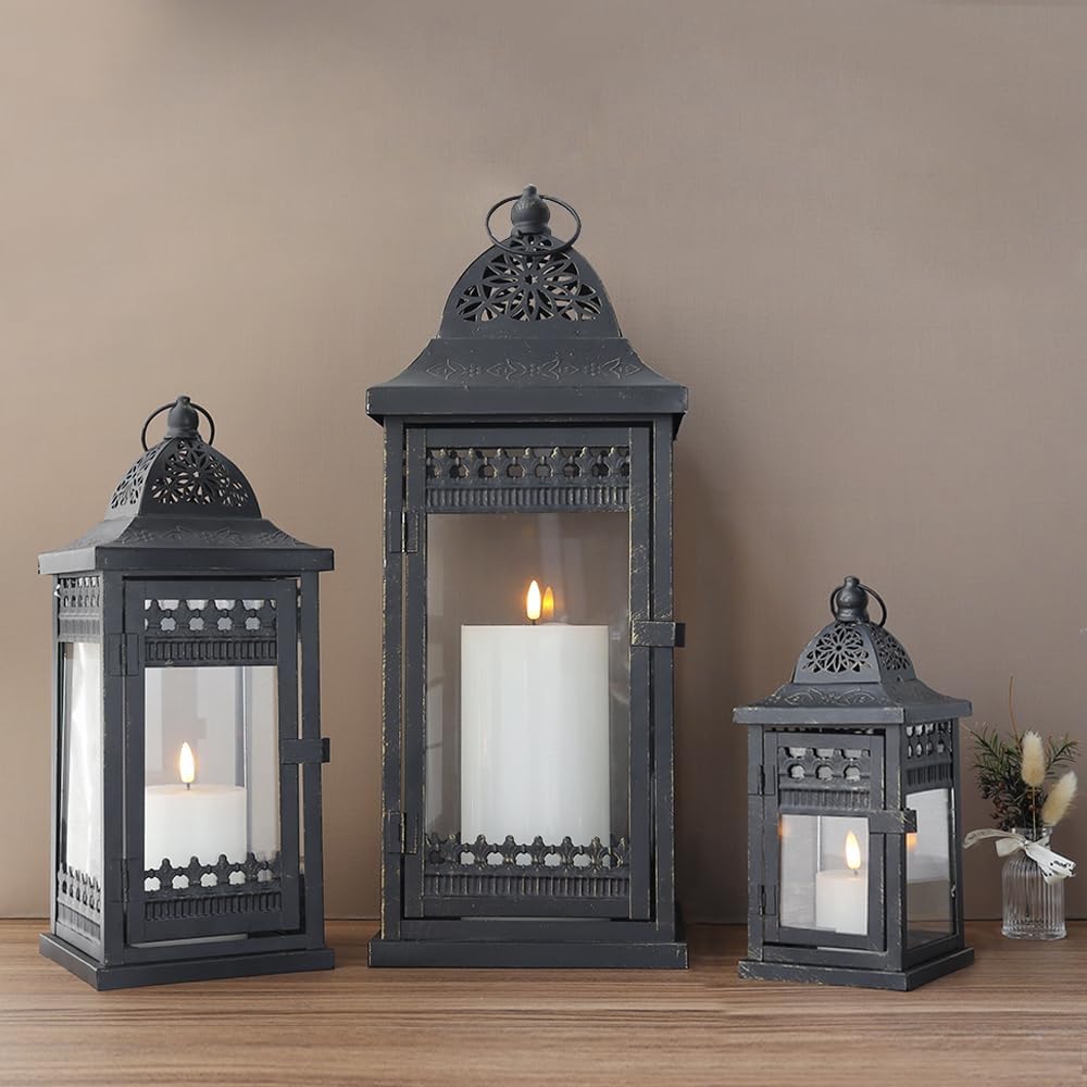 JHY DESIGN 3er-Set Kerzen Laternen 51&37&24cm Hohe Hängen Metall Dekorative Kerzenhalter Glas Garten