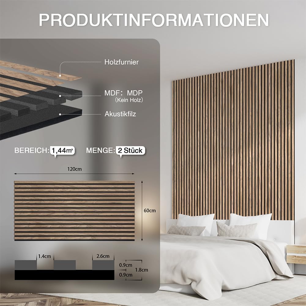 Akustikpaneele Holz 120x60cm-2er Set(1,44m²) 3D Wandpaneele mit Holzfurnier & Filz, Akustik Holzpane
