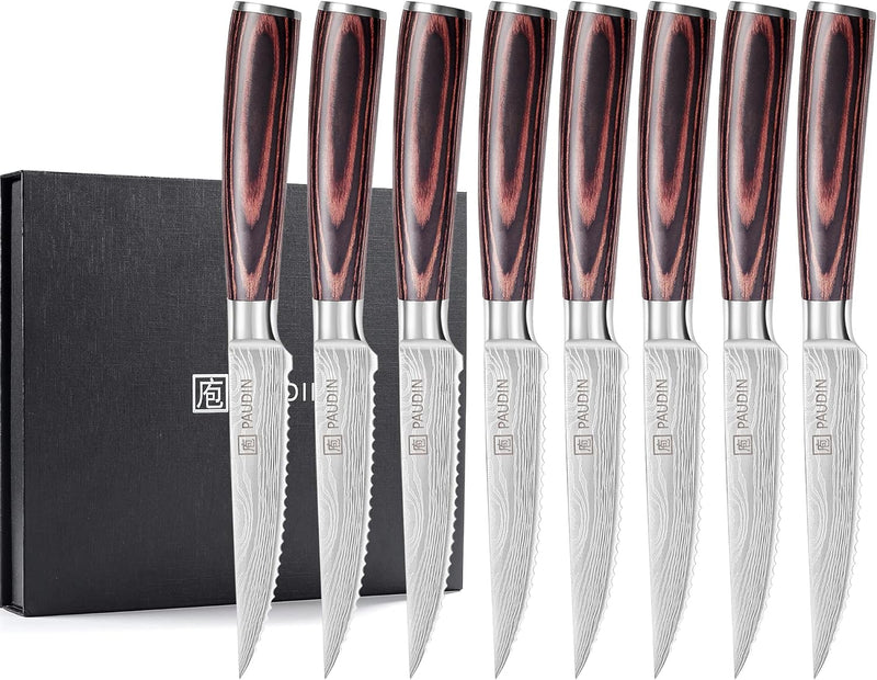 PAUDIN Steakmesser 8-teilig Set, Hochwertige Deutsche Edelstahl Steak Messer, Ultrascharfe Gezackte