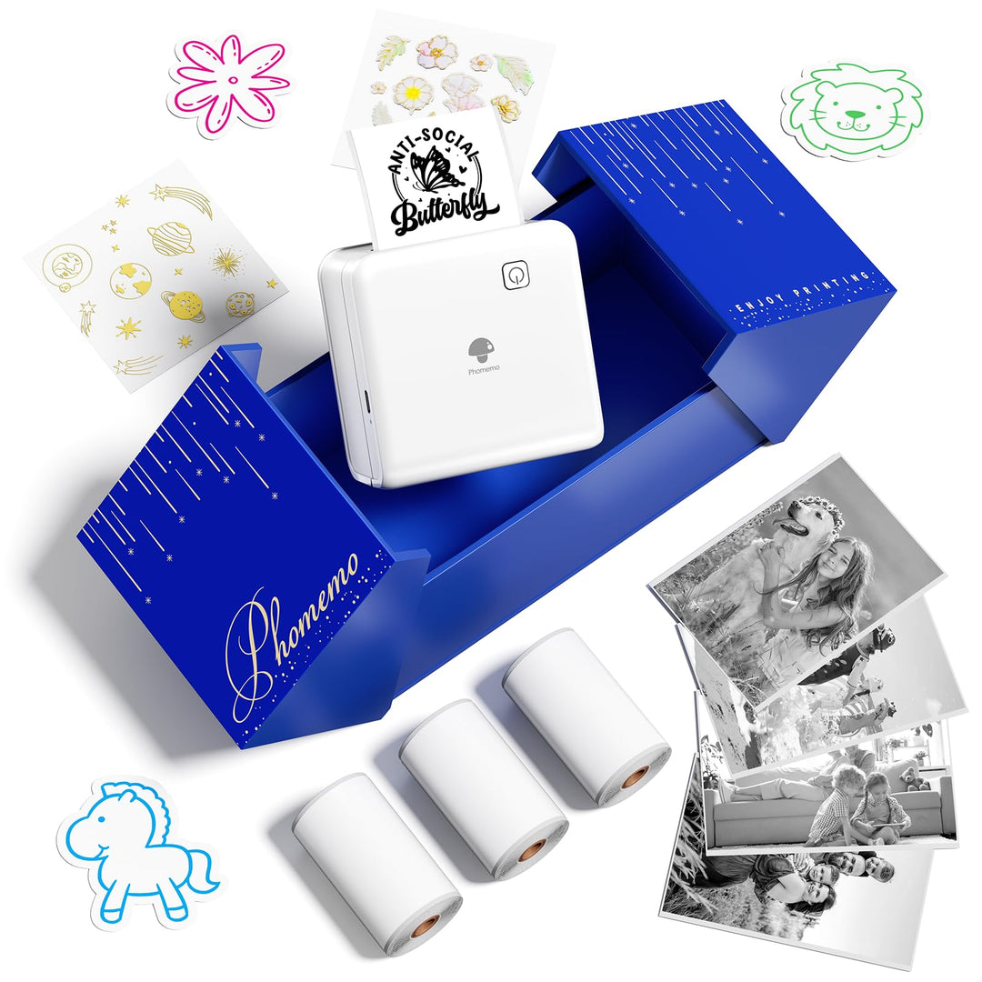 Phomemo Mini Drucker für Smartphone, Aufgerüstet 300 DPI Mini Thermodrucker P2S Sofortbilddrucker fü