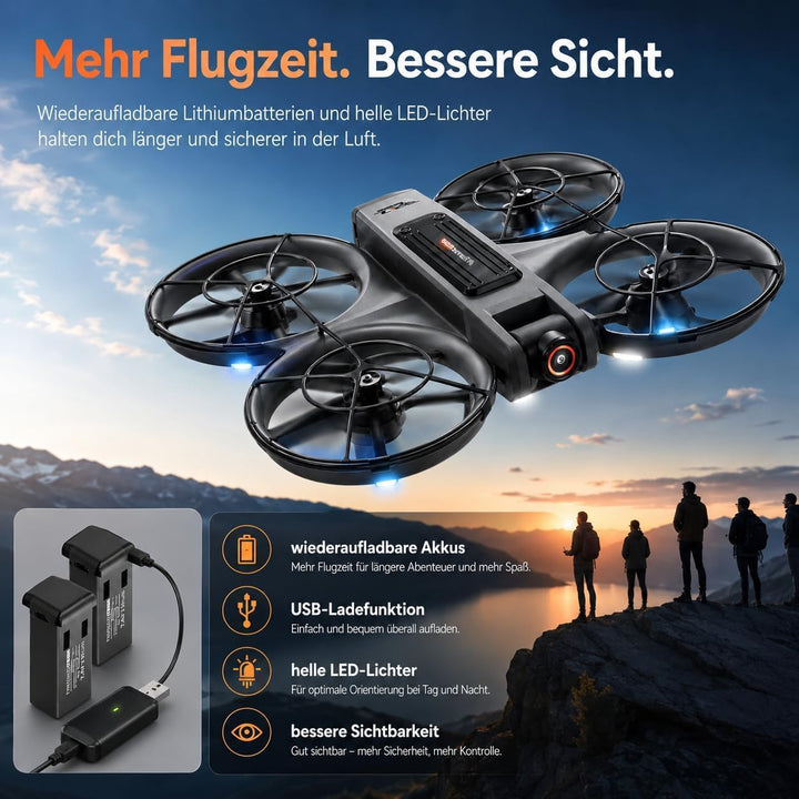RC Drohne mit HD Dual Kamera, Display Fernbedienung, Brushless Motor, 90° Kamera, FPV Livebild, Opti