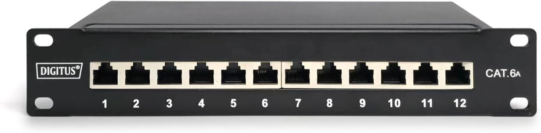 DIGITUS Cat-6A Patchpanel - 12 Ports - RJ45-Buchsen - 10-Zoll Rack-Mount 1HE - LSA Verteilerfeld - G