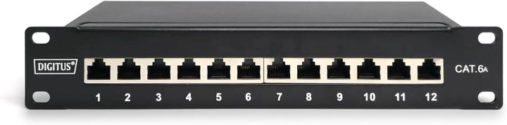 DIGITUS Cat-6A Patchpanel - 12 Ports - RJ45-Buchsen - 10-Zoll Rack-Mount 1HE - LSA Verteilerfeld - G