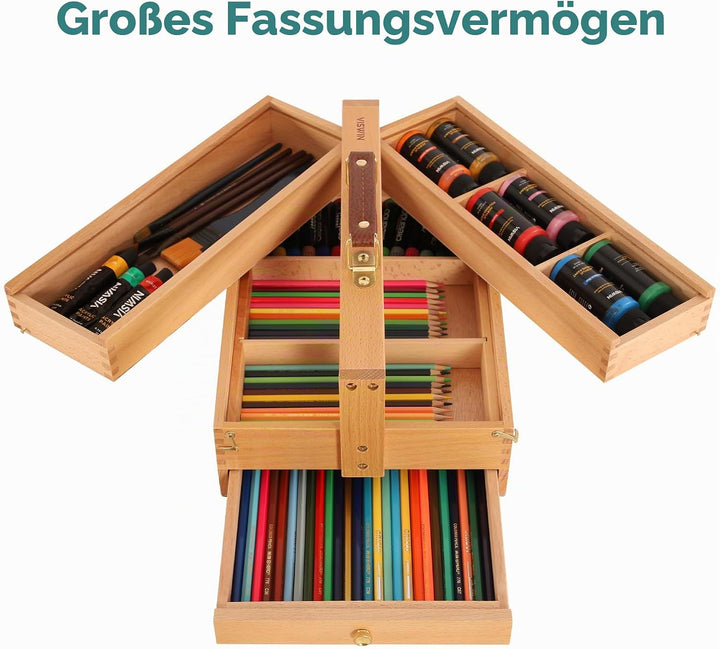 VISWIN Multifunktionale Tragbare Künstler-Aufbewahrungsbox aus Massivem Buchenholz mit Schublade, Dr