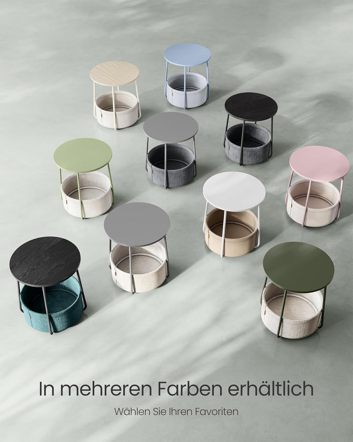 VASAGLE Beistelltisch rund, Kleiner Tisch, Couchtisch klein, Wohnzimmertisch mit Korb aus Stoff, Sta