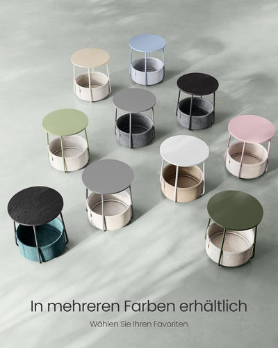 VASAGLE Beistelltisch rund, Kleiner Tisch, Couchtisch klein, Wohnzimmertisch mit Korb aus Stoff, Sta