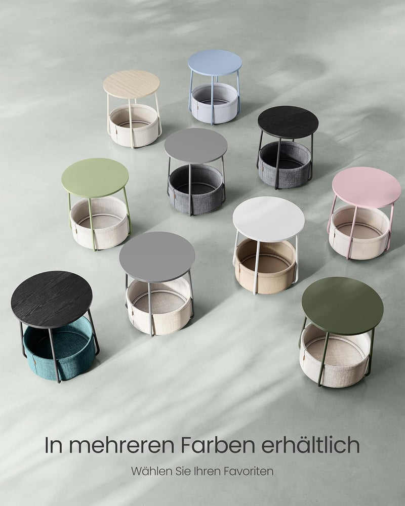 VASAGLE Beistelltisch rund, Kleiner Tisch, Couchtisch klein, Wohnzimmertisch mit Korb aus Stoff, Sta