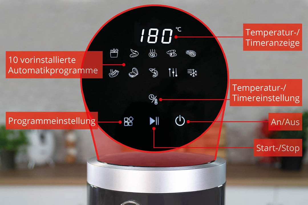 Unold 58695 Glas Heissluftfritteuse BPA-frei - Air fryer,1.200 Watt, LED-Touchscreen, 10 Automatikpr