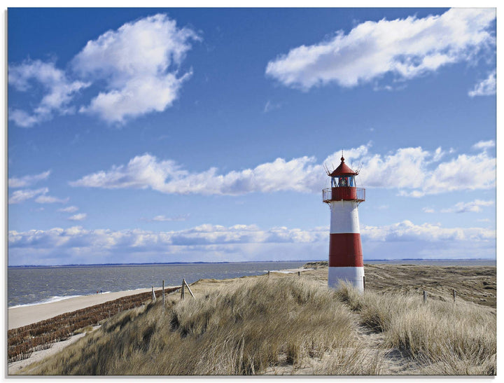 ARTland Glasbilder Wandbild Glas Bild einteilig 80x60 cm Querformat Strand Meer Nordsee Leuchtturm S