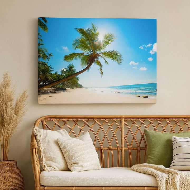 Bilder auf Leinwand 100x70cm Leinwandbild mit Rahmen Strand Palme Meer Gross Wanddeko Bild Schlafzim