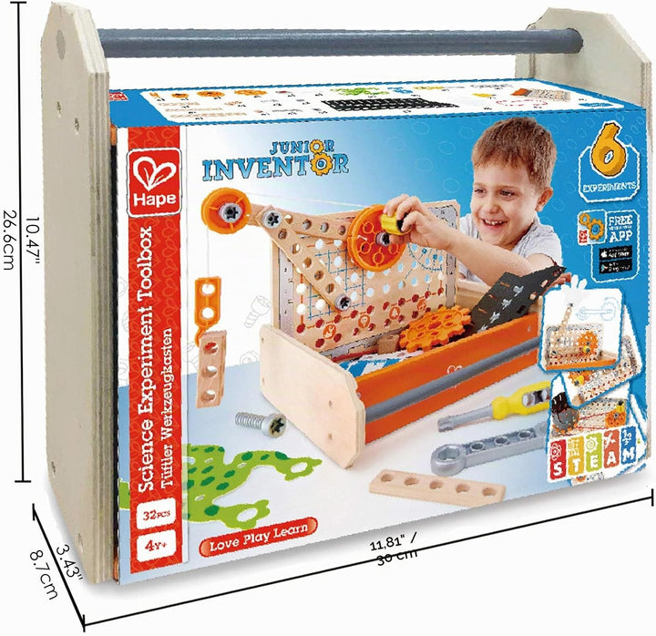 Hape Junior Inventor Tüftler Werkzeugkasten Experimentierset, Mint-Spielzeug, ab 4 Jahre 30 x 8,7 x