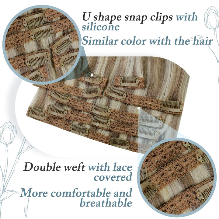 RUNATURE Clip in Echthaar Extensions Aschbraun mit Platinblond Extensions Clip in Glatt Harr Gerade