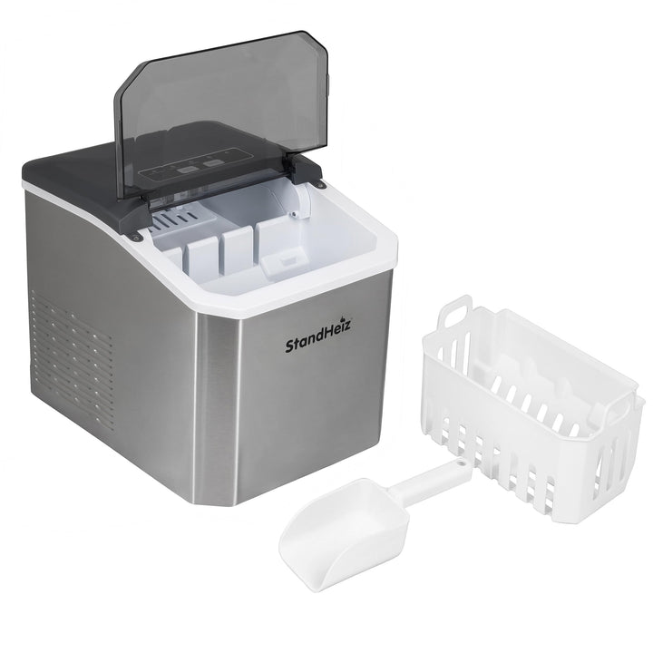Eiswürfelmaschine Silber 12 kg / 24 h – Selbstreinigender Ice Maker mit 2 Grössen grosse Eiswürfel,