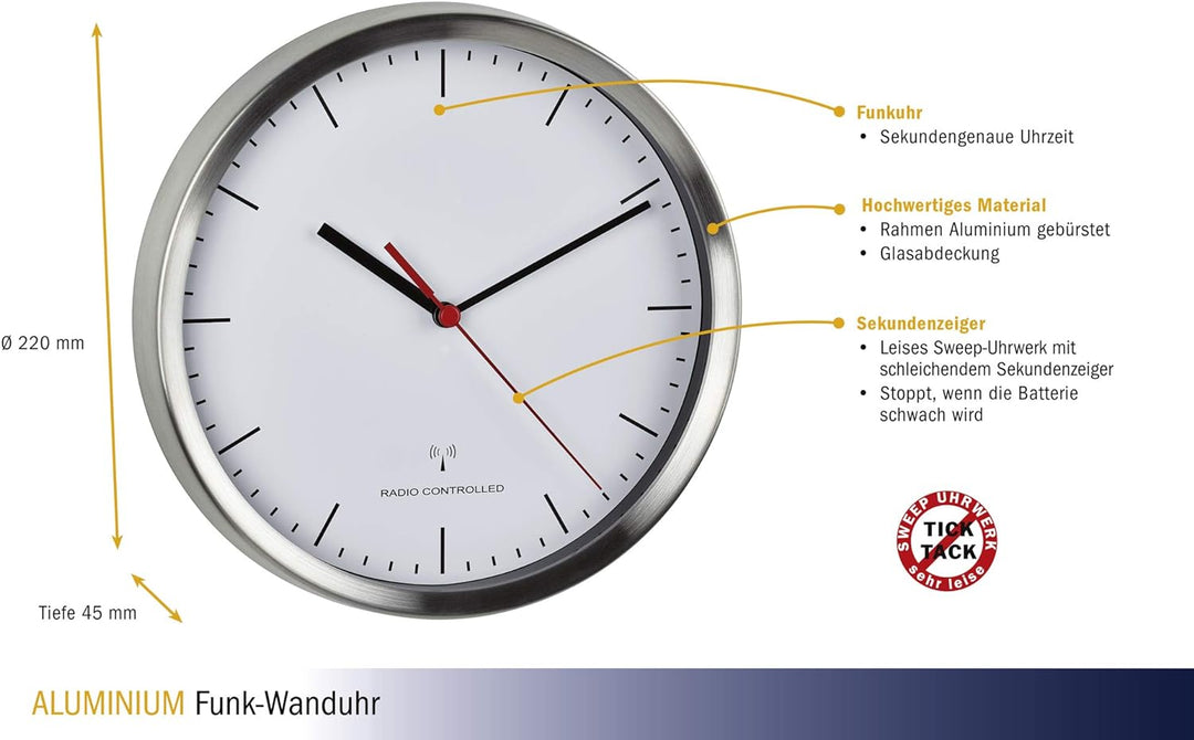 TFA Dostmann Funk-Wanduhr modern, 60.3530.02, leises Uhrwerk, Rahmen aus gebürsteten Aluminium, 22 c
