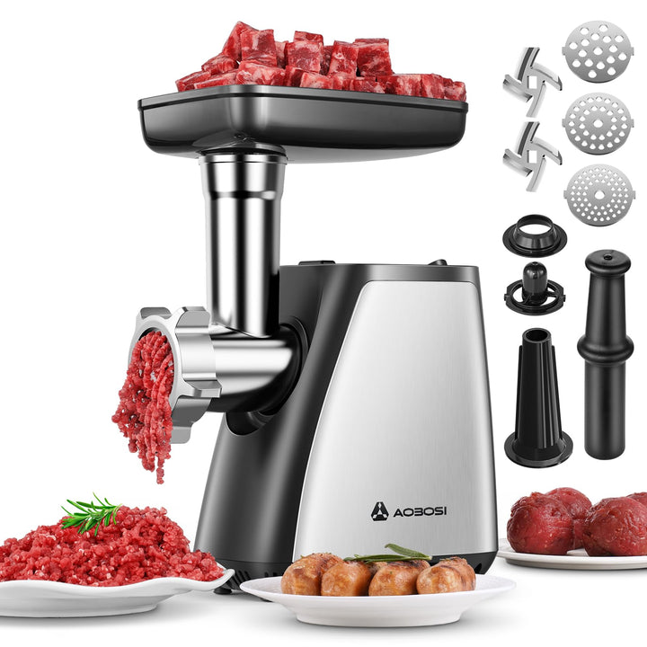AAOBOSI Fleischwolf, 3-in-1 Elektrischer Fleischwolf [2800 W max] mit 2 Klingen, 3 Platten, Wurstfül