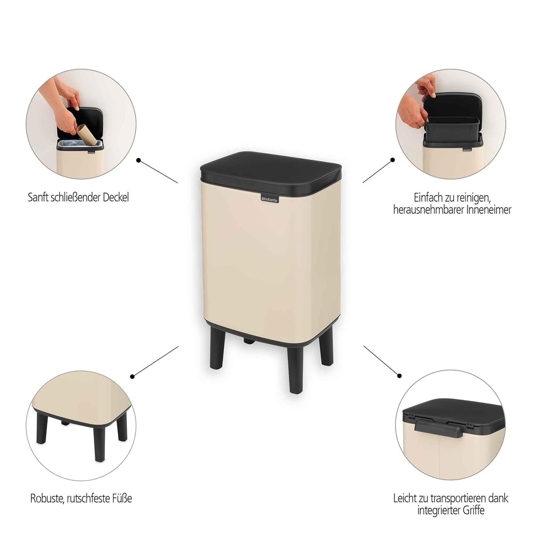 Brabantia Bo Hi Abfalleimer 7 l mit Soft-Close-Deckel, Abfallsammler mit herausnehmbarem Inneneimer