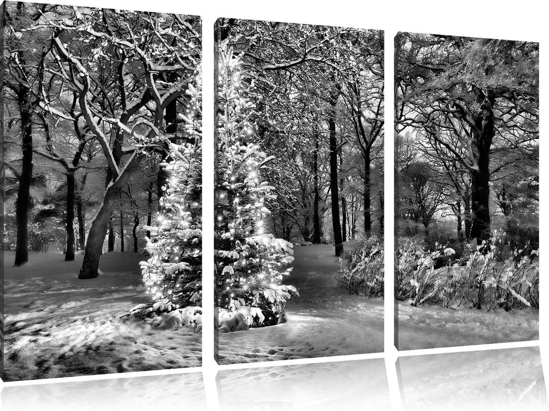 Pixxprint Monocrome, Leuchtender Weihnachtsbaum 3-Teiler Leinwandbild 120x80 Bild auf Leinwand
