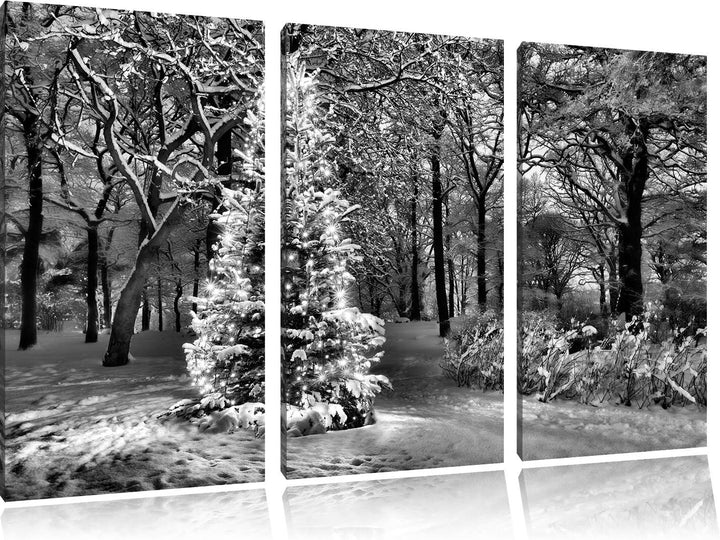 Pixxprint Monocrome, Leuchtender Weihnachtsbaum 3-Teiler Leinwandbild 120x80 Bild auf Leinwand