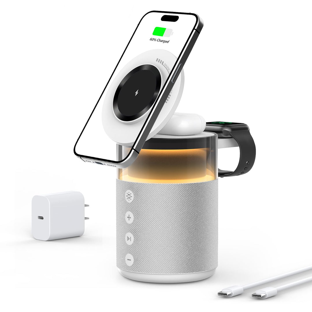 3-in-1 Bluetooth-Lautsprecher mit Nachtlicht und kabellosem Ladegerät, dimmbare Nachttischlampe mit